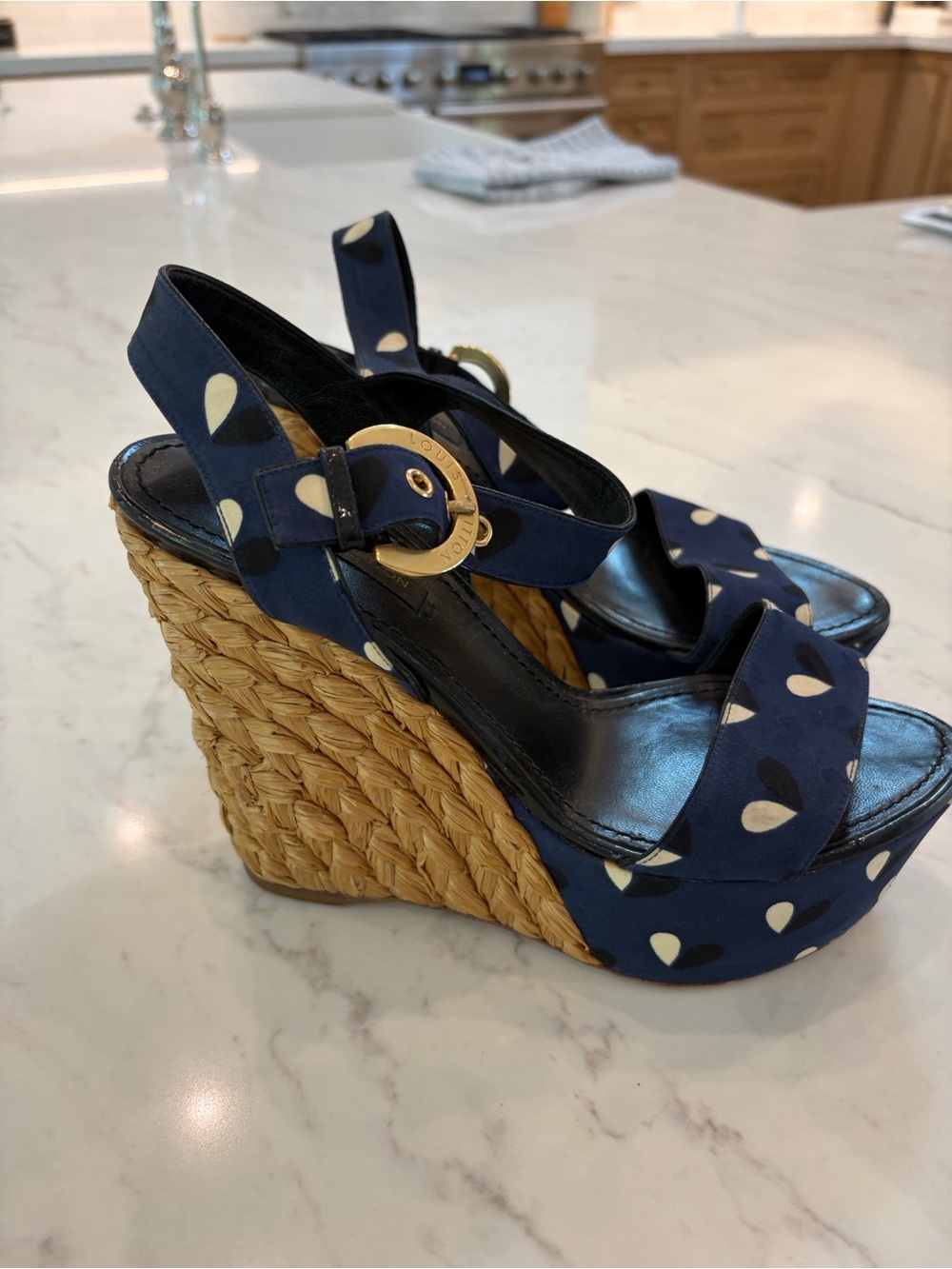 Louis Vuitton Navy Polka Dot Raffia Espadrille Wedge Sandals
